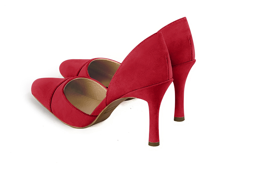 Cardinal red women's open arch dress pumps. Round toe. Very high slim heel. Rear view - Florence KOOIJMAN